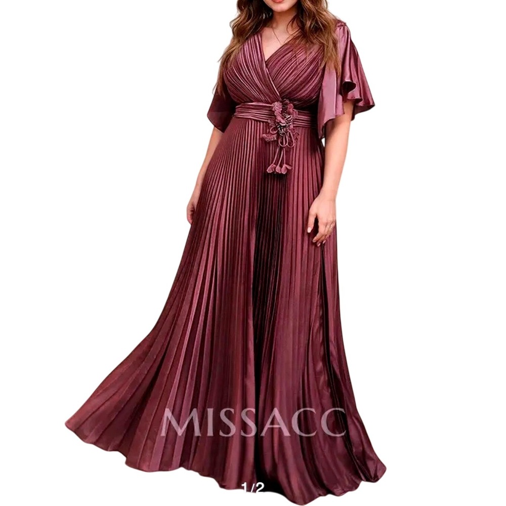 MISSACC Maxi Gown Size 10 Cabernet Pleated Flutter Sleeve Floral Applique NWT